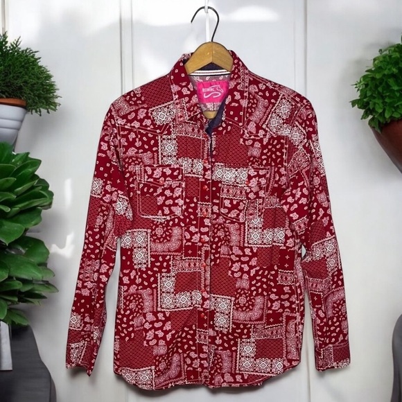 REINING Rodeo Show Western Equestrian Wear Bandana Print Snap Button Blouse - Picture 1 of 11